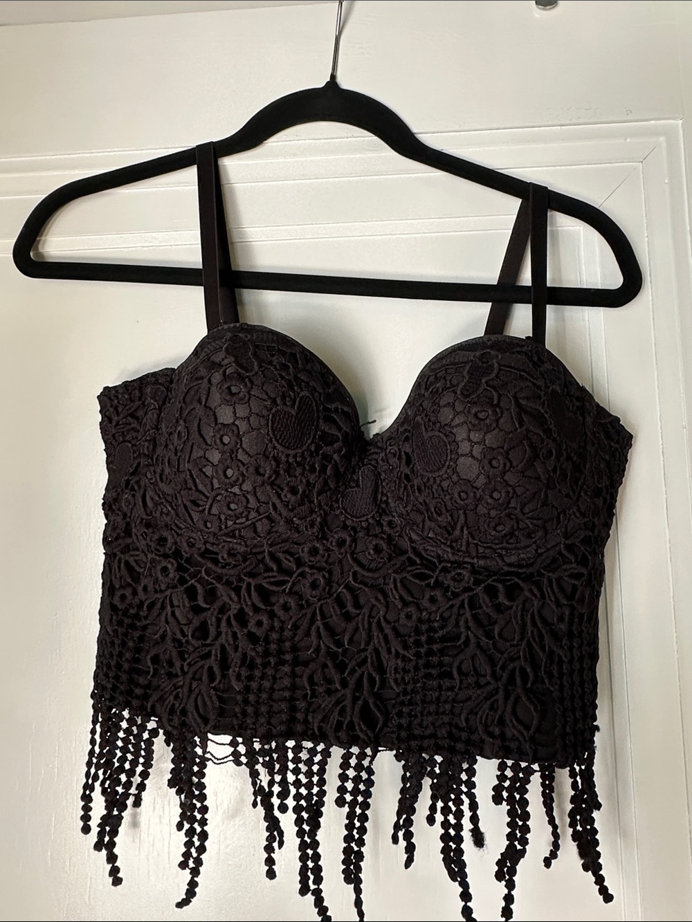 Windsor Black Crochet Fringe Bustier Crop Top